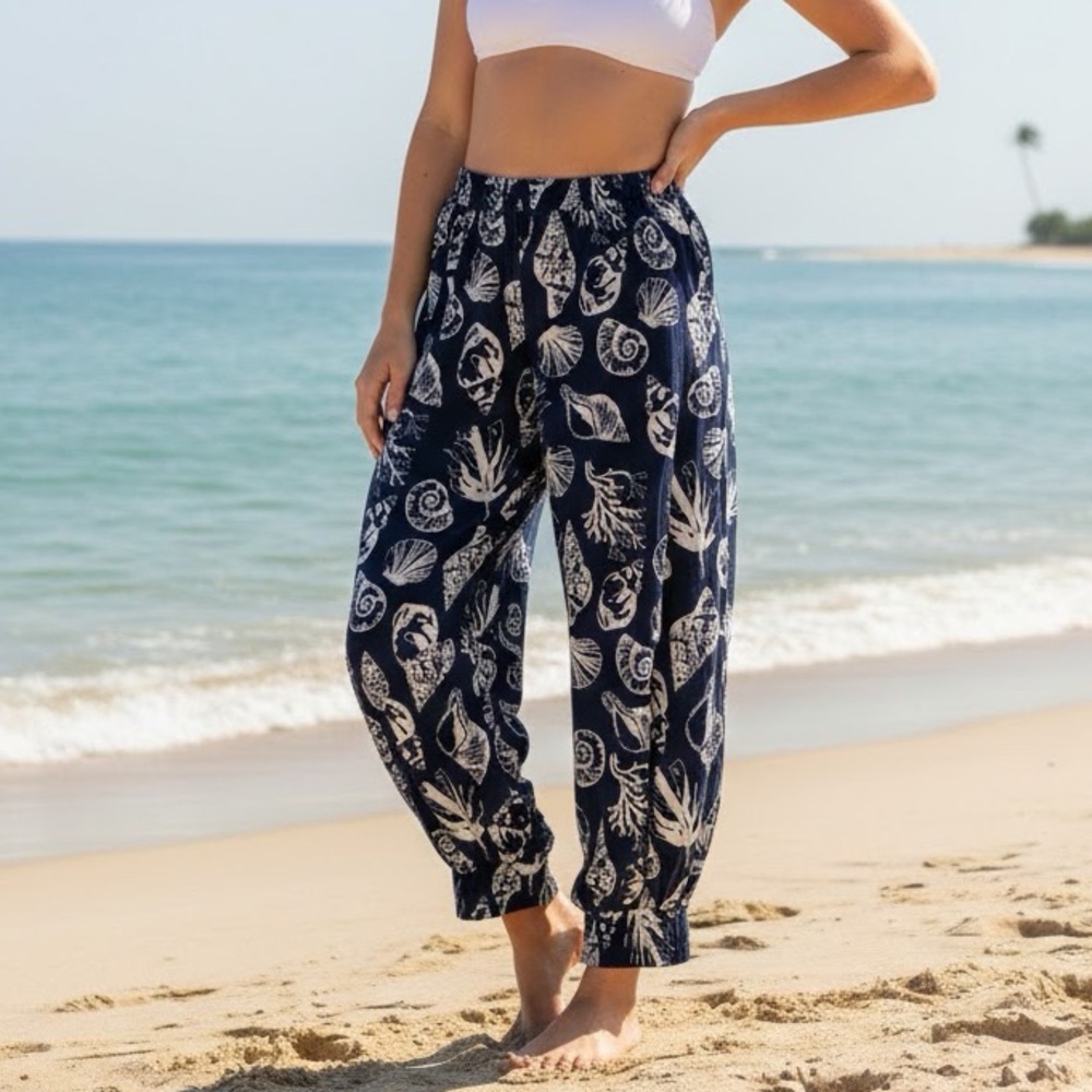Venus Navy Blue Tropical Beach Joggers Pants Pull On Waist Elastic size 1X